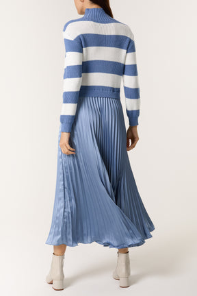 High Neck Striped Jumper Satin Skirt Dress