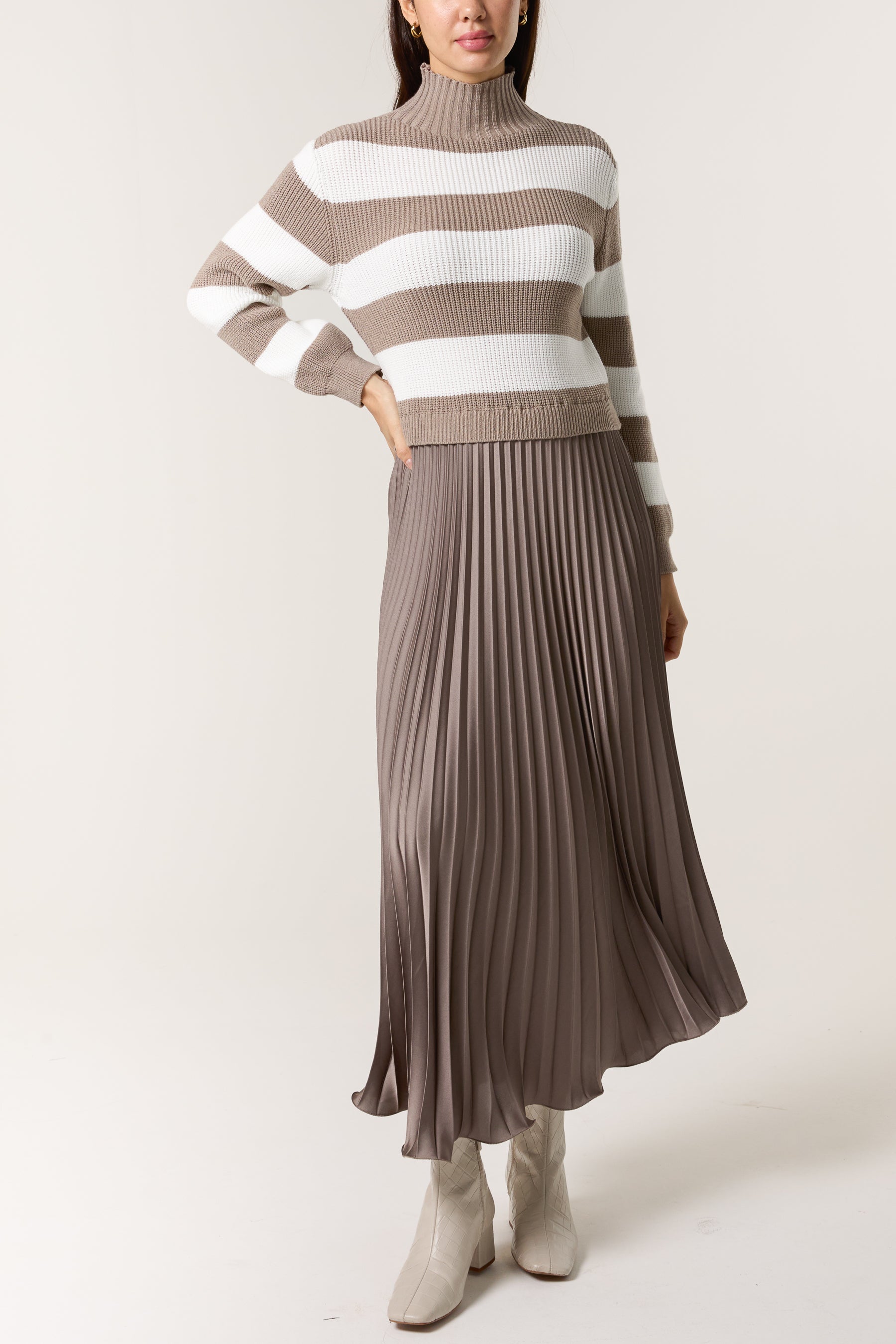 High Neck Striped Jumper Satin Skirt Dress