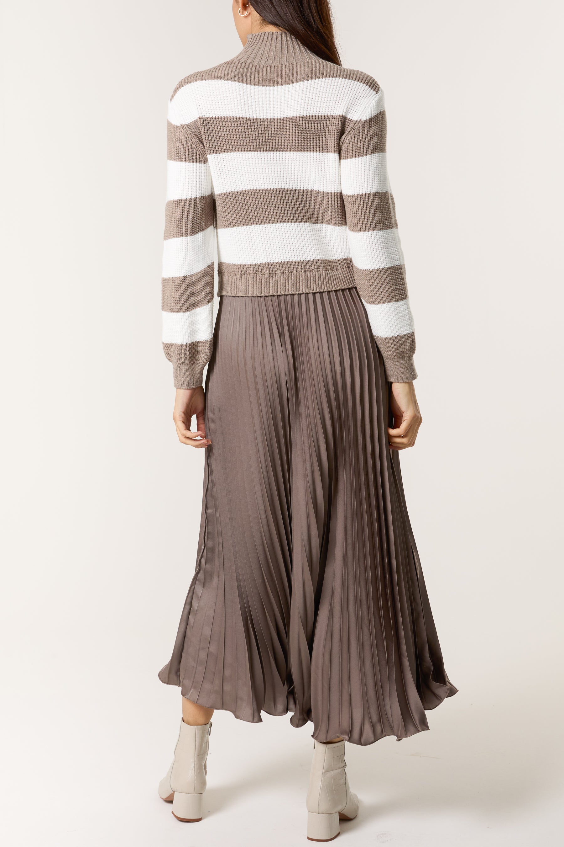 High Neck Striped Jumper Satin Skirt Dress