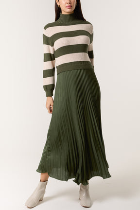 High Neck Striped Jumper Satin Skirt Dress