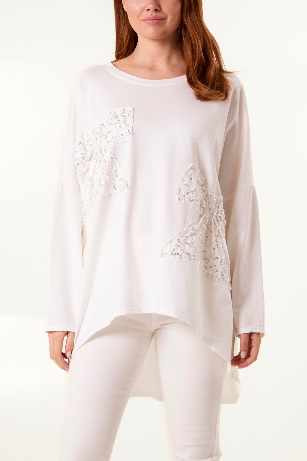 Sequins Lace Bow Cotton Sweatshirt