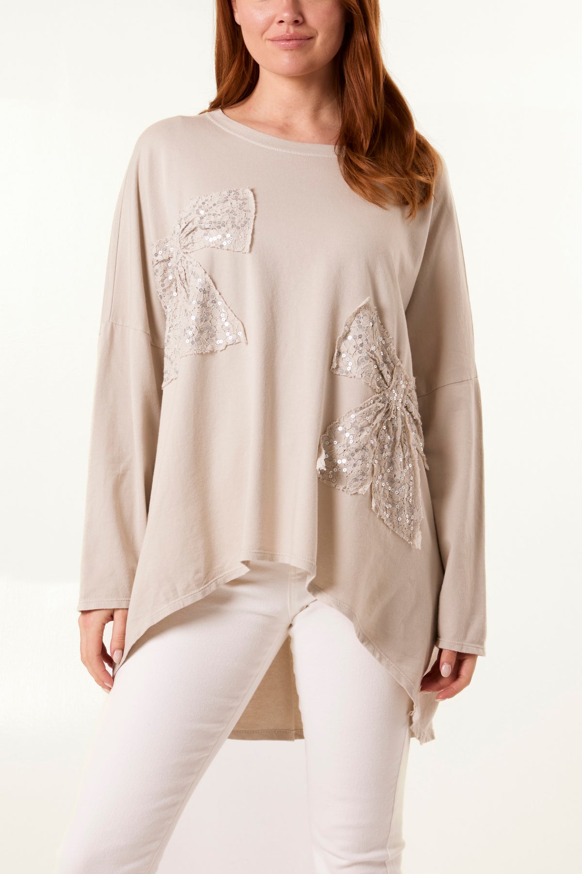 Sequins Lace Bow Cotton Sweatshirt