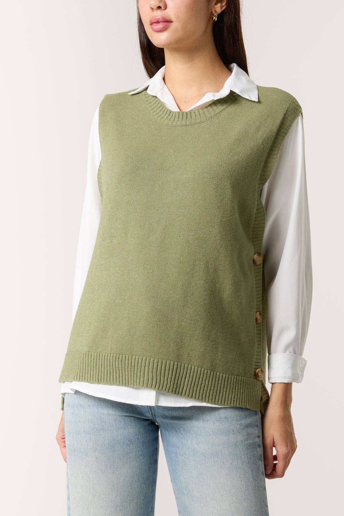 Round Neck Side Buttons Knit Vest