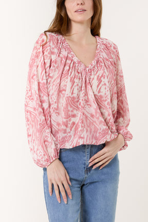 Gathered V-Neck Bubble Hem Top