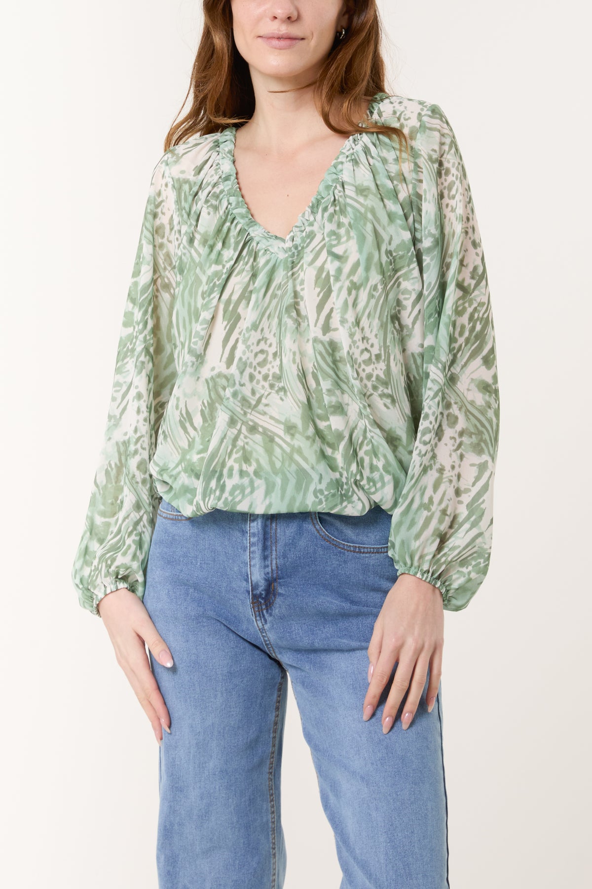 Gathered V-Neck Bubble Hem Top