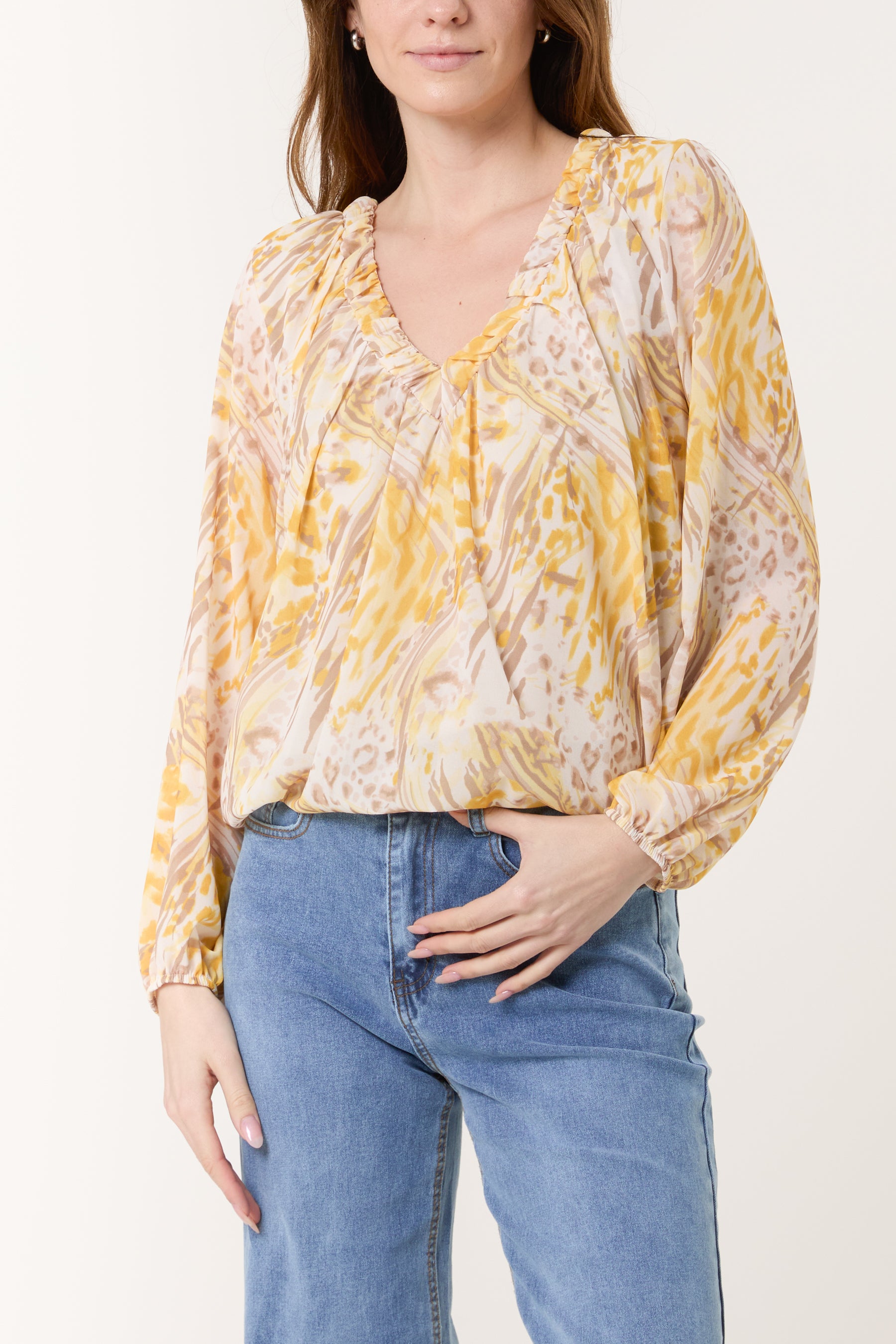 Gathered V-Neck Bubble Hem Top