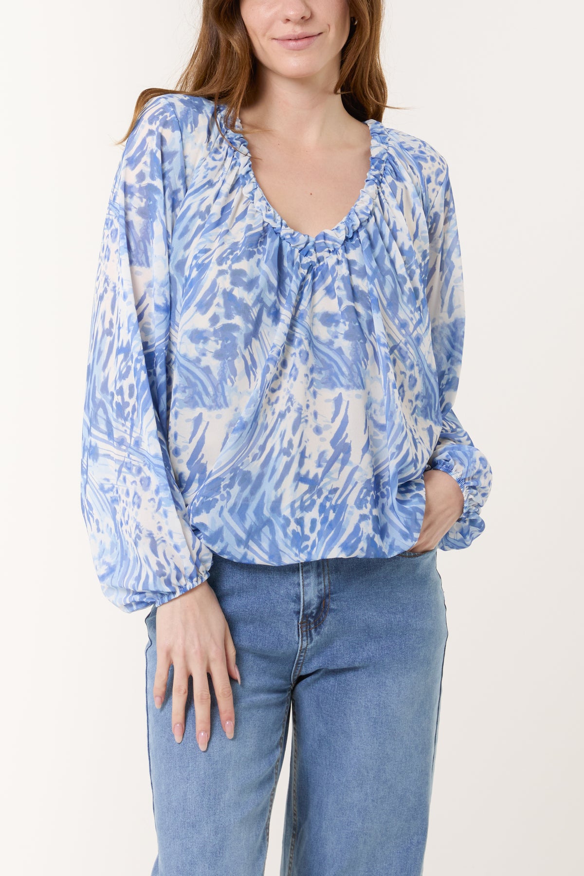 Gathered V-Neck Bubble Hem Top