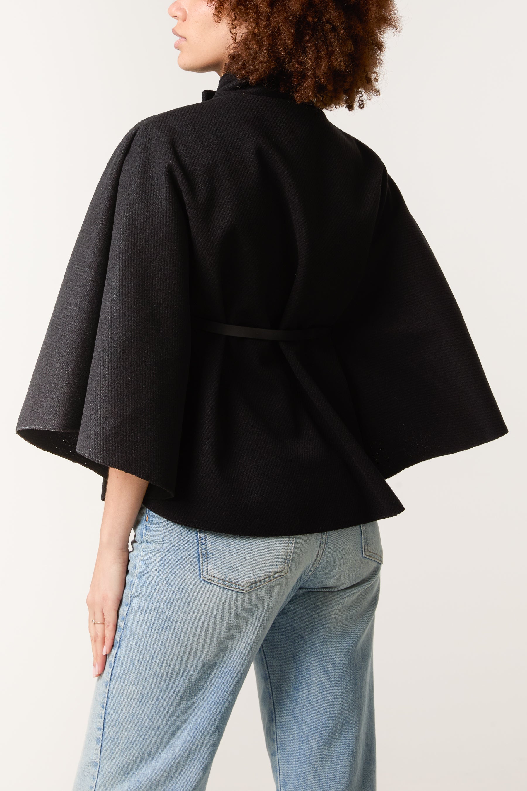 High Neck Wool Like Belted Cape