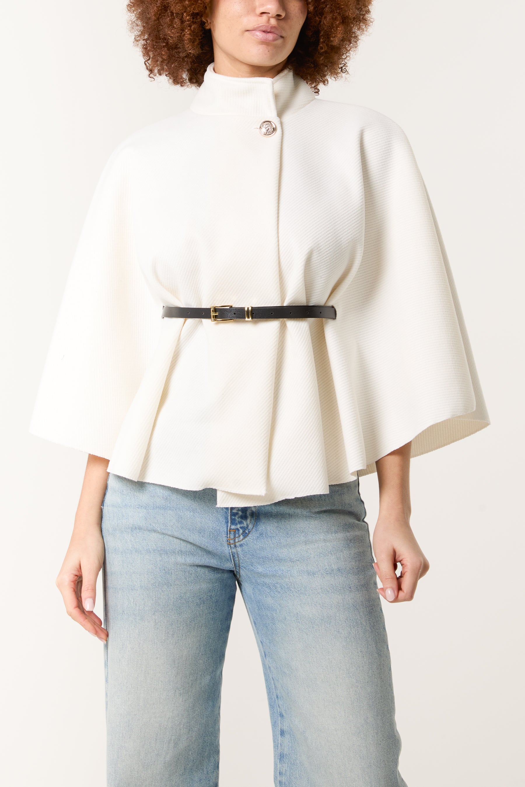 High Neck Wool Like Belted Cape