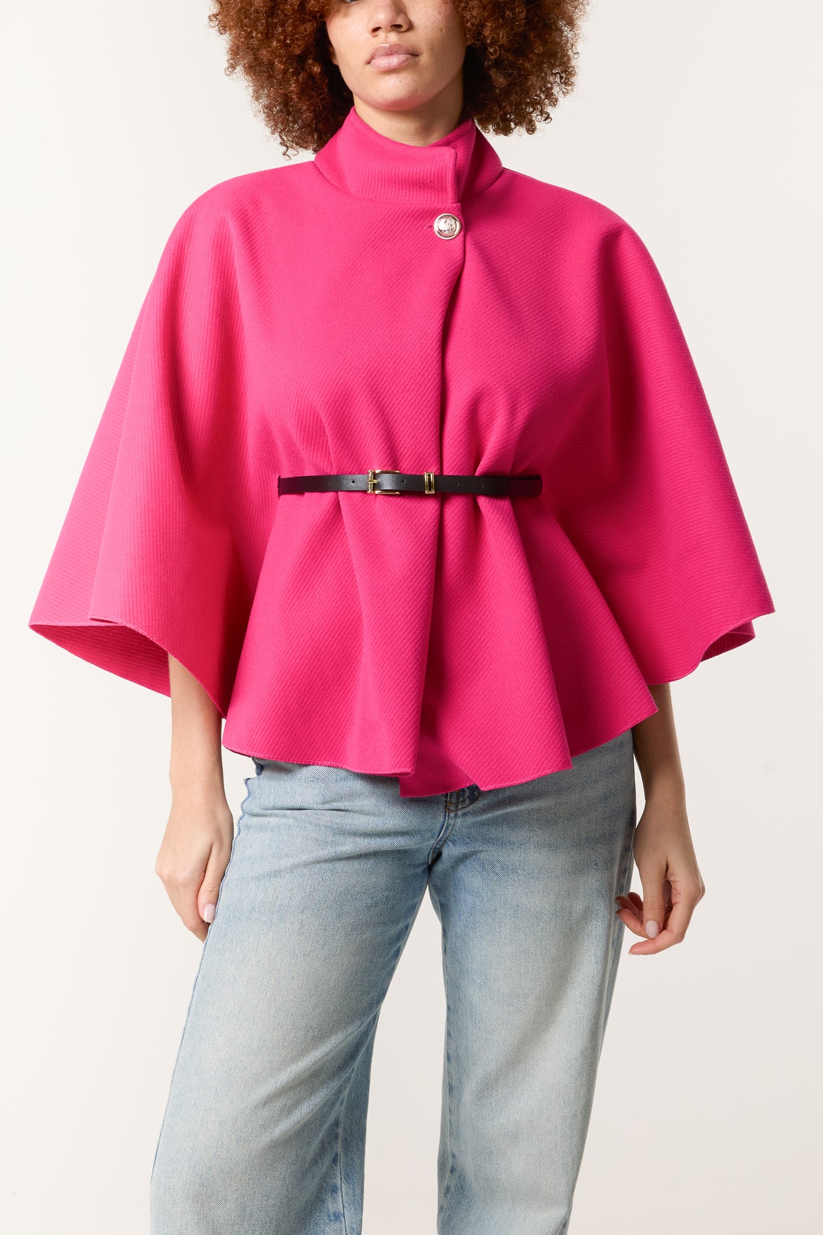 High Neck Wool Like Belted Cape