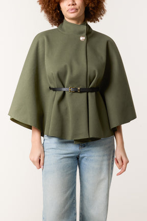 High Neck Wool Like Belted Cape