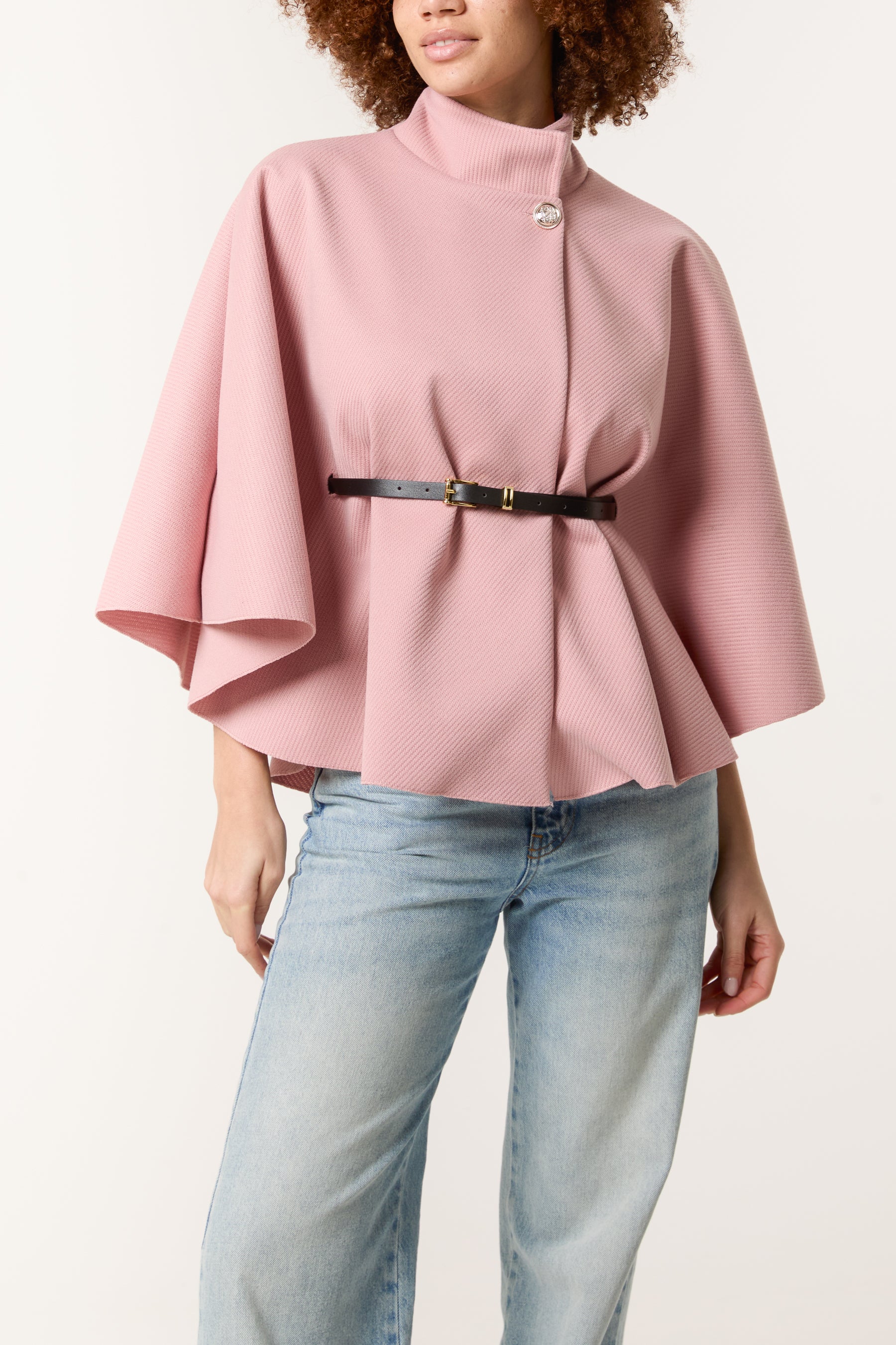 High Neck Wool Like Belted Cape