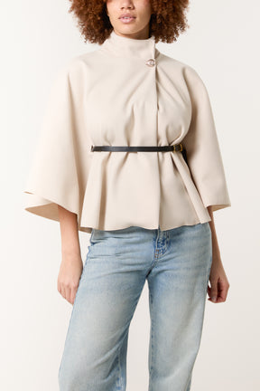 High Neck Wool Like Belted Cape