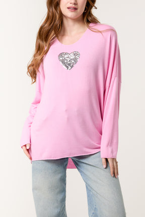 Sequins Heart Cut & Sew Fine Knit Jumper