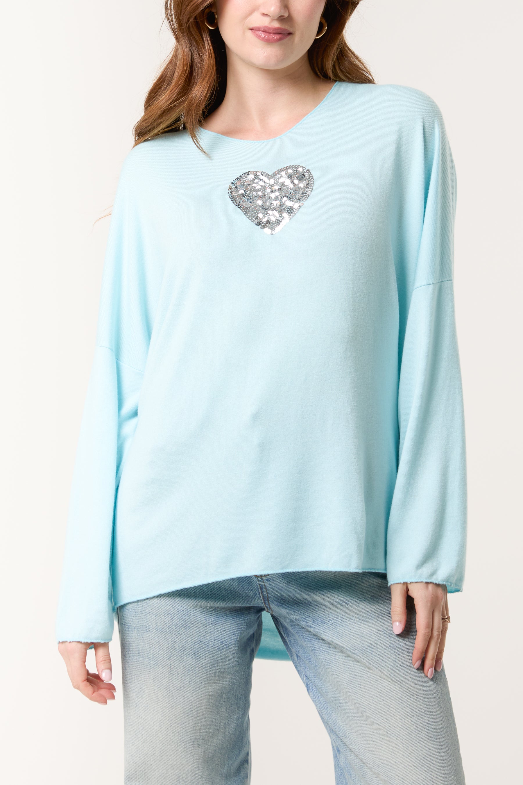 Sequins Heart Cut & Sew Fine Knit Jumper