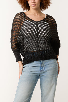 V-Neck Lurex Crochet Batwing Top