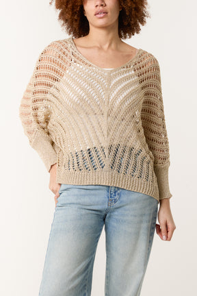 V-Neck Lurex Crochet Batwing Top