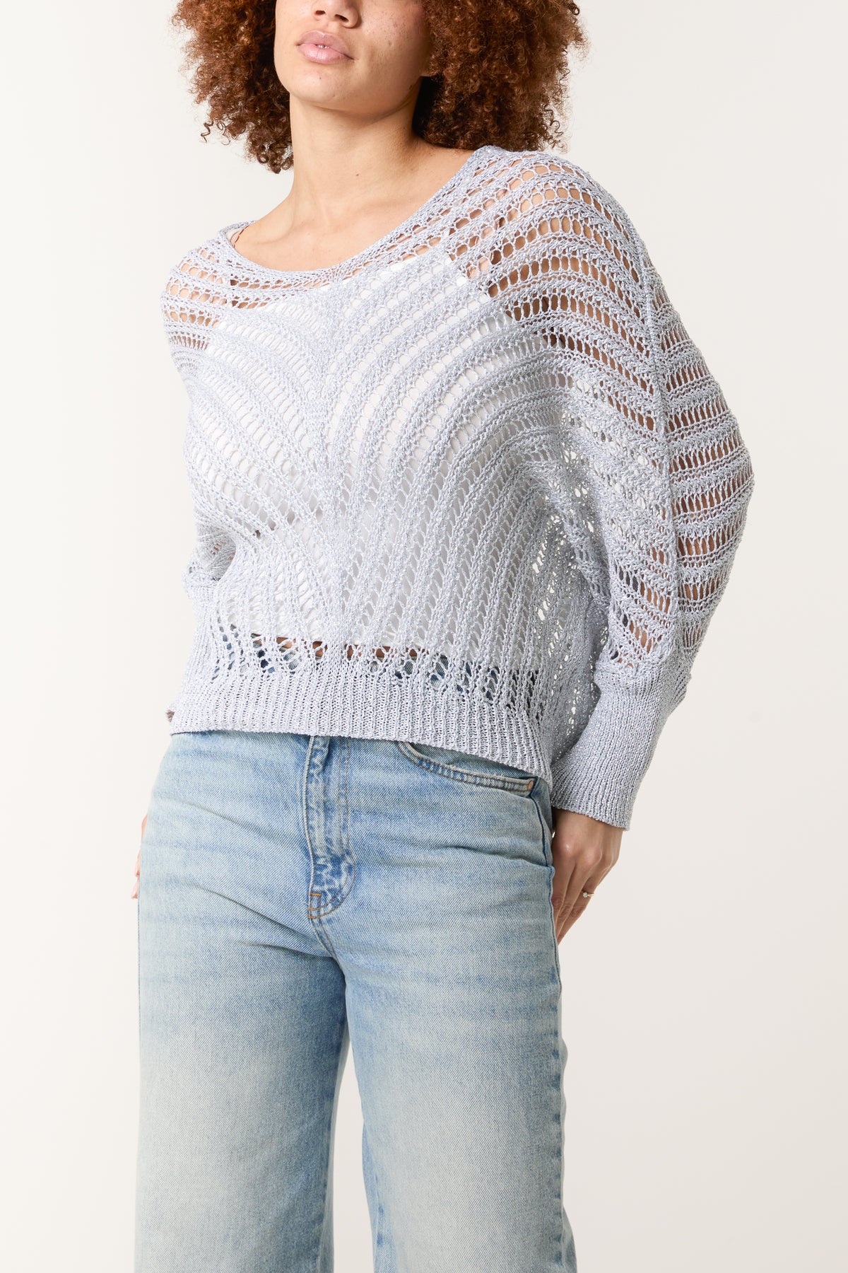 V-Neck Lurex Crochet Batwing Top