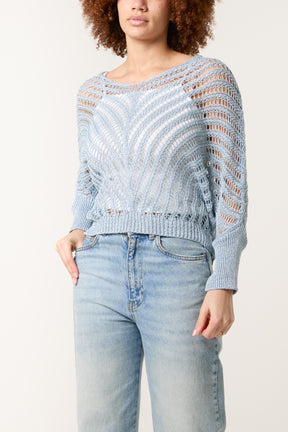 V-Neck Lurex Crochet Batwing Top