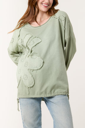 Broderie Anglaise Flower Long Sleeve Top