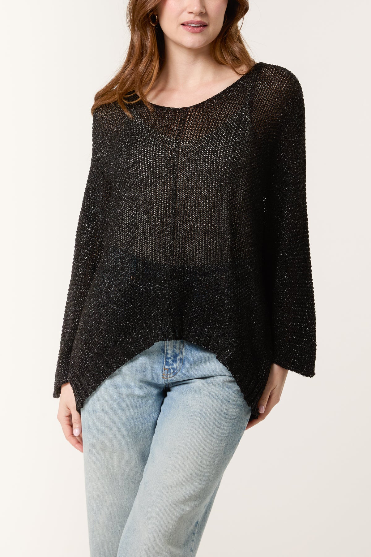 Lurex V-Neck 3/4 Sleeve Crochet Jumper