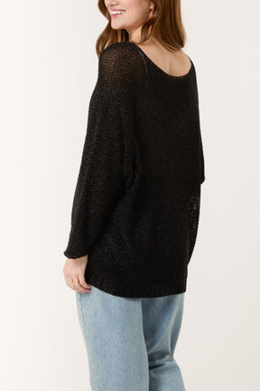 Lurex V-Neck 3/4 Sleeve Crochet Jumper