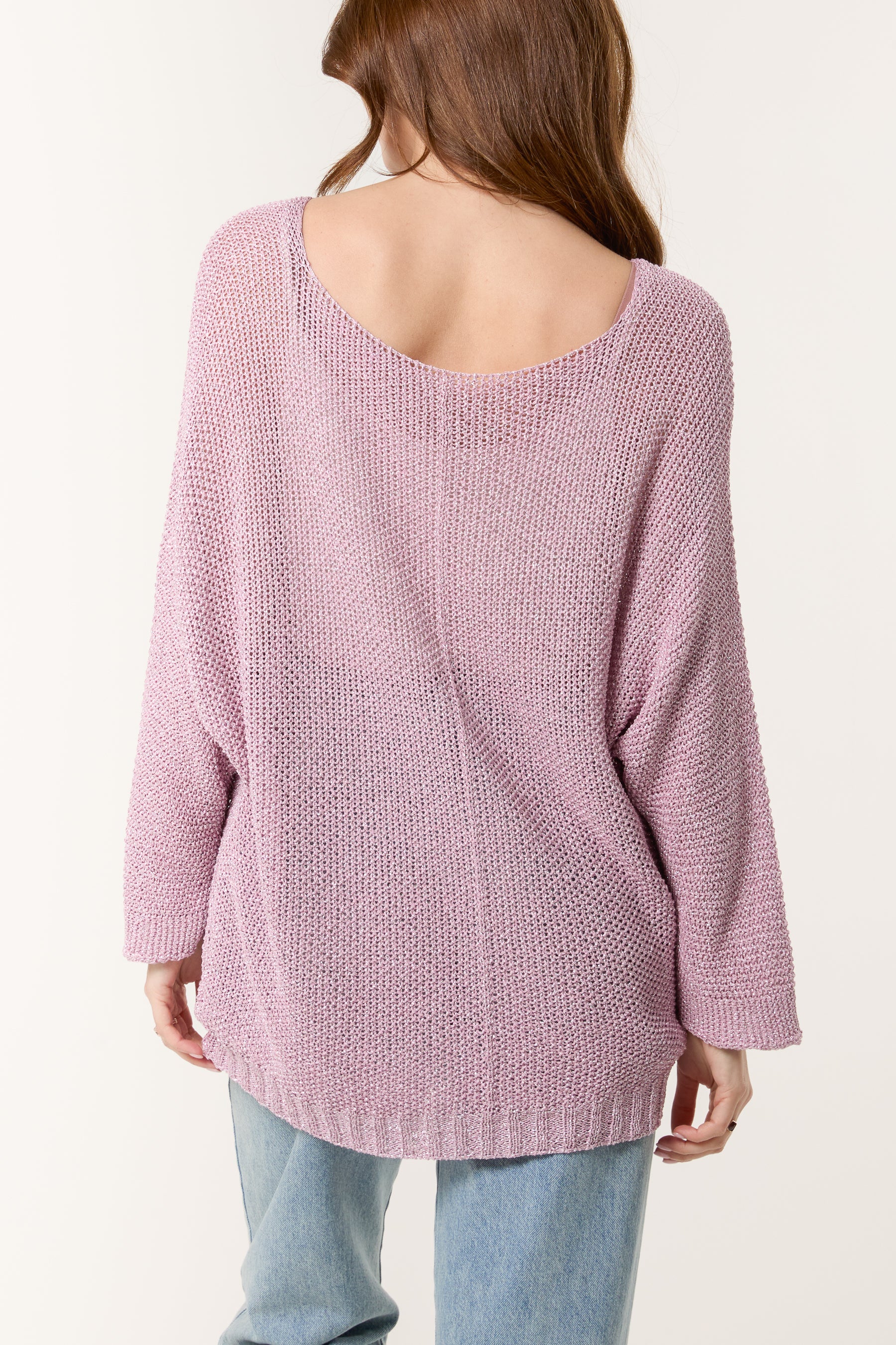 Lurex V-Neck 3/4 Sleeve Crochet Jumper