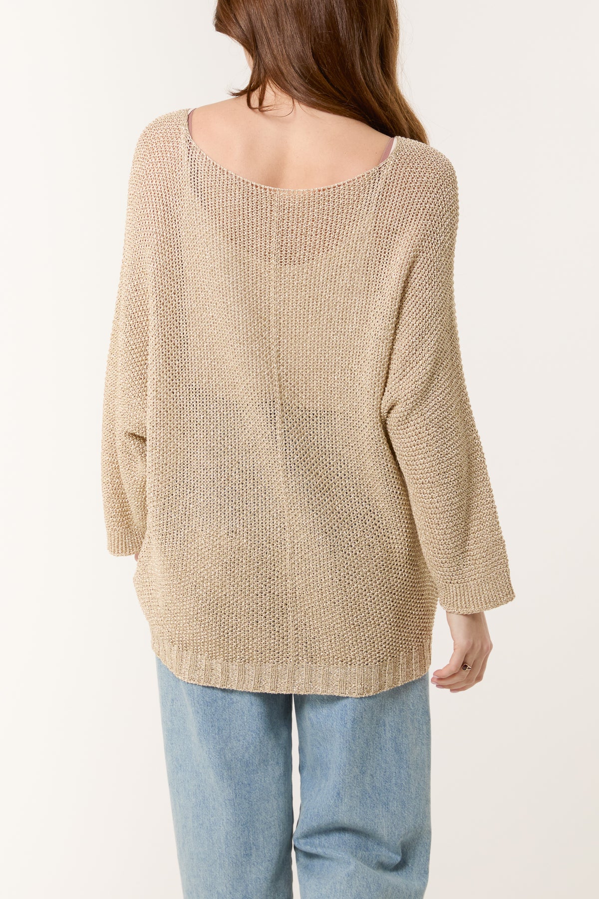 Lurex V-Neck 3/4 Sleeve Crochet Jumper