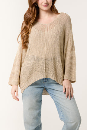 Lurex V-Neck 3/4 Sleeve Crochet Jumper