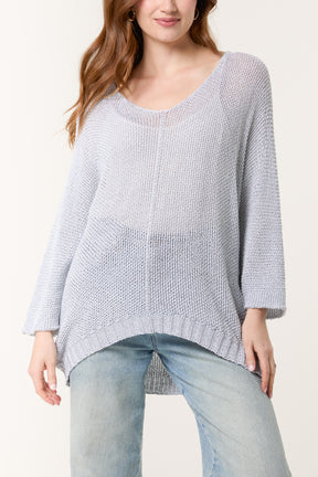 Lurex V-Neck 3/4 Sleeve Crochet Jumper