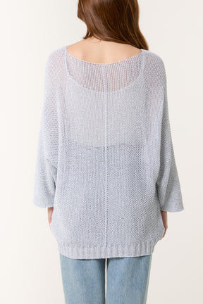 Lurex V-Neck 3/4 Sleeve Crochet Jumper