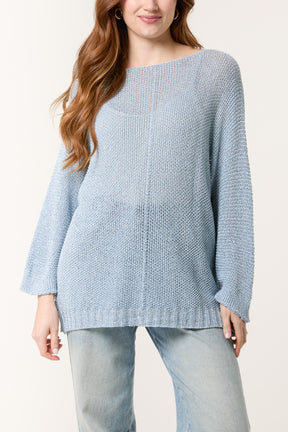 Lurex V-Neck 3/4 Sleeve Crochet Jumper