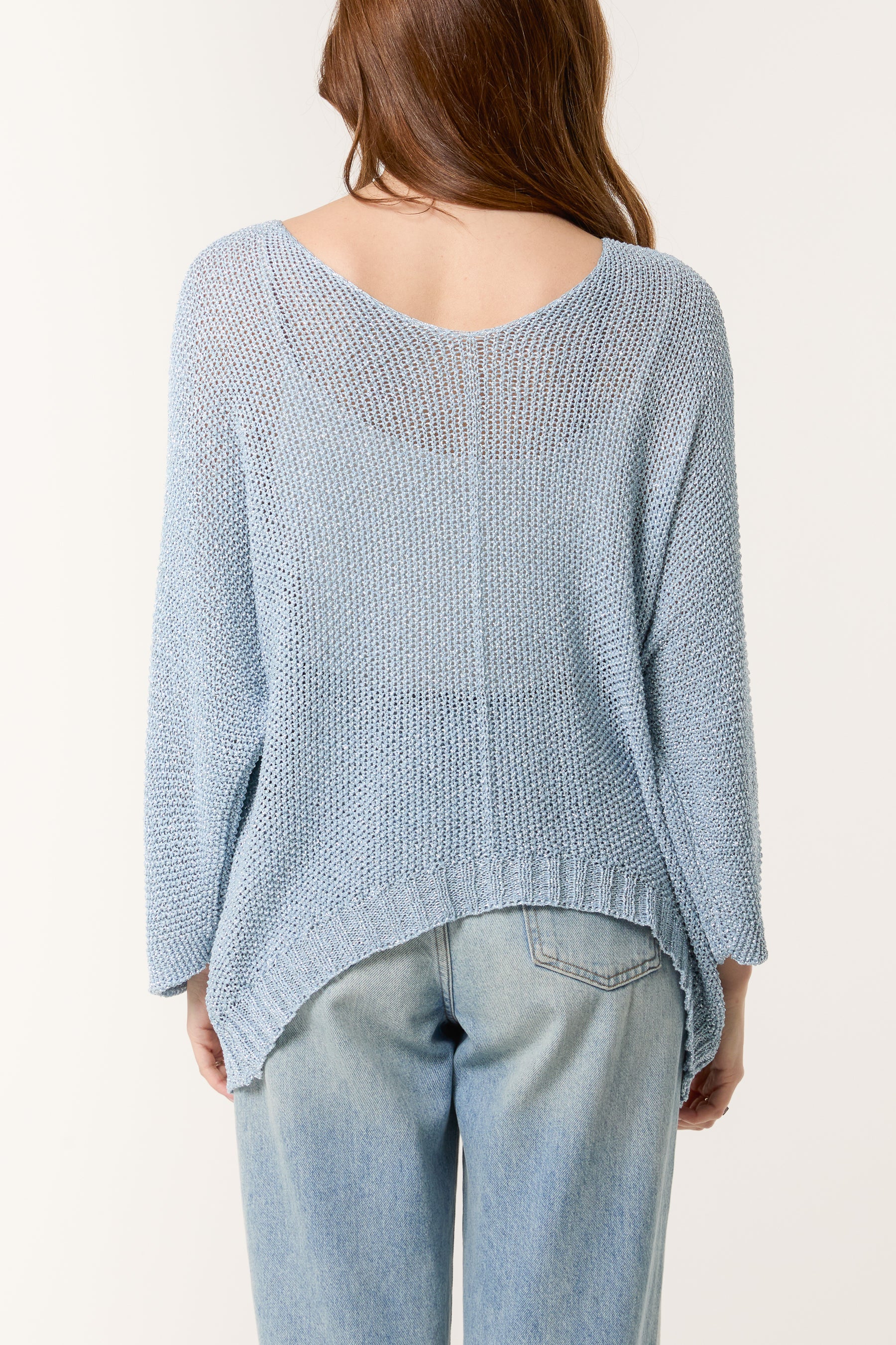 Lurex V-Neck 3/4 Sleeve Crochet Jumper