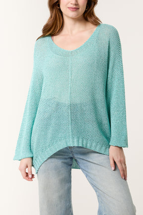 Lurex V-Neck 3/4 Sleeve Crochet Jumper