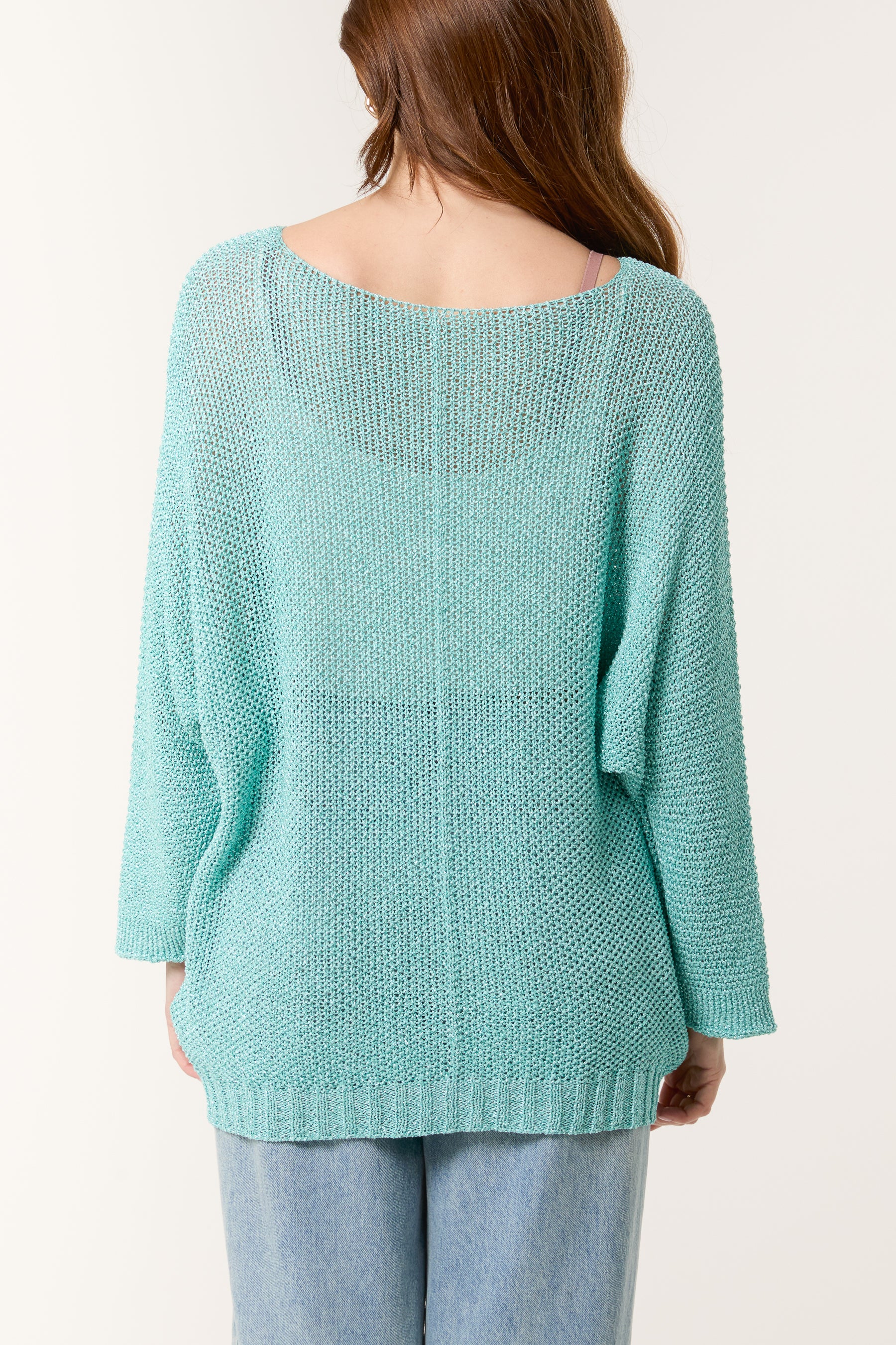 Lurex V-Neck 3/4 Sleeve Crochet Jumper