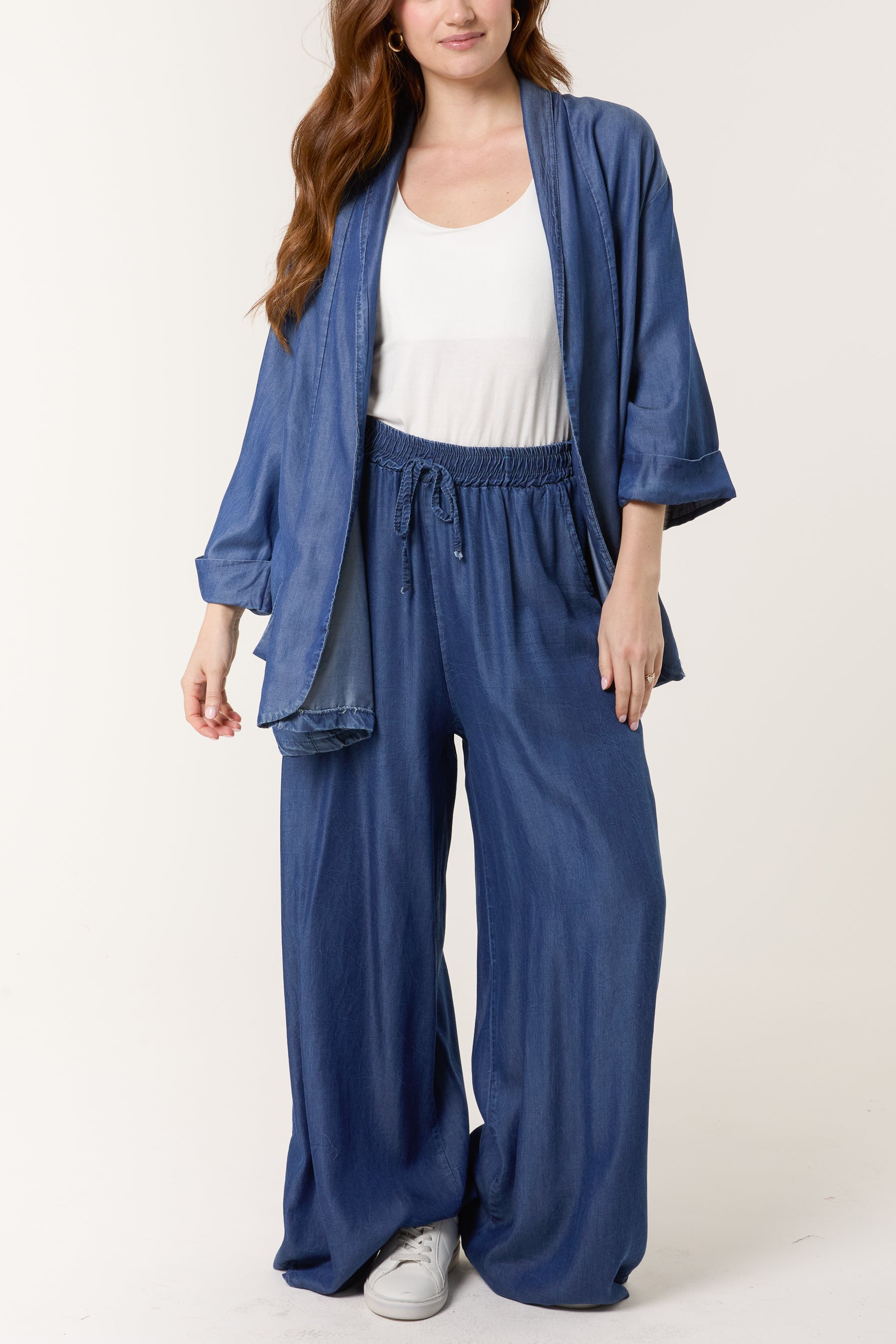 Denim Drawstring Wide Leg Trousers