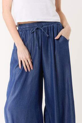 Denim Drawstring Wide Leg Trousers