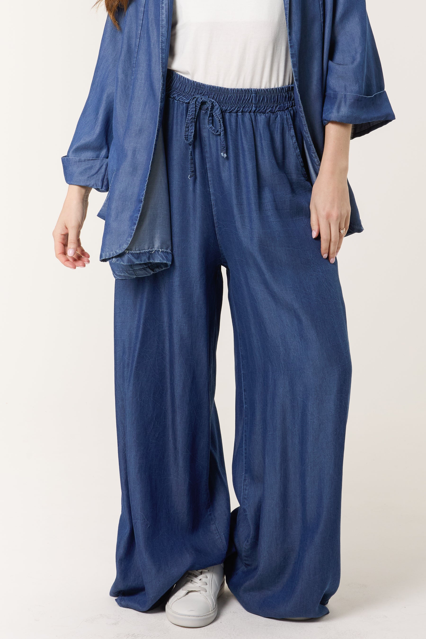 Denim Drawstring Wide Leg Trousers