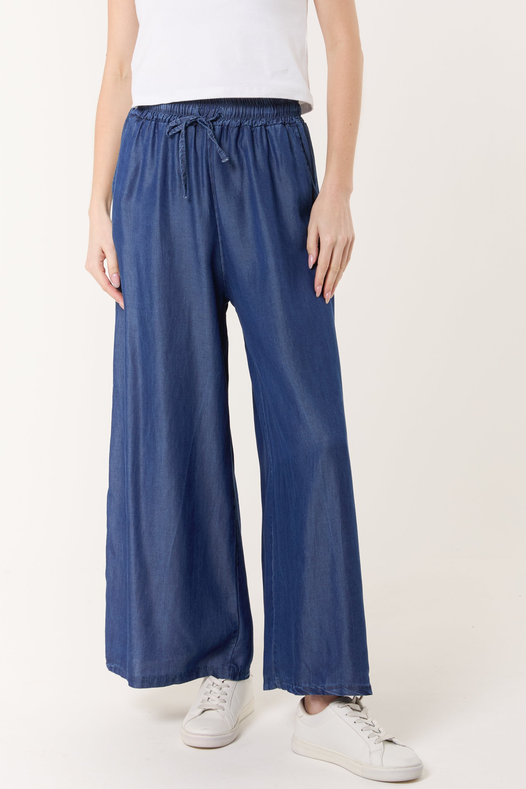 Denim Drawstring Wide Leg Trousers