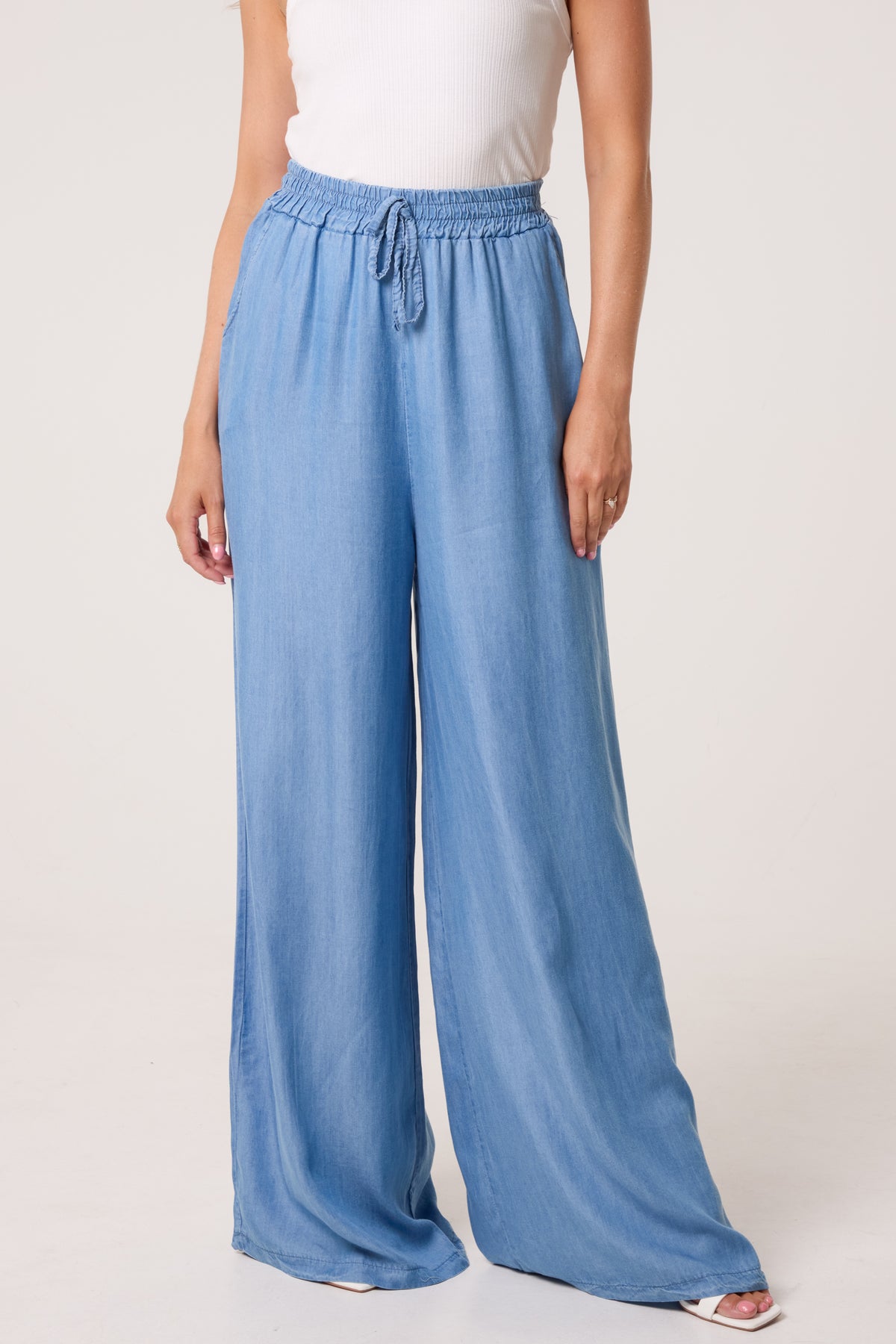 Denim Drawstring Wide Leg Trousers
