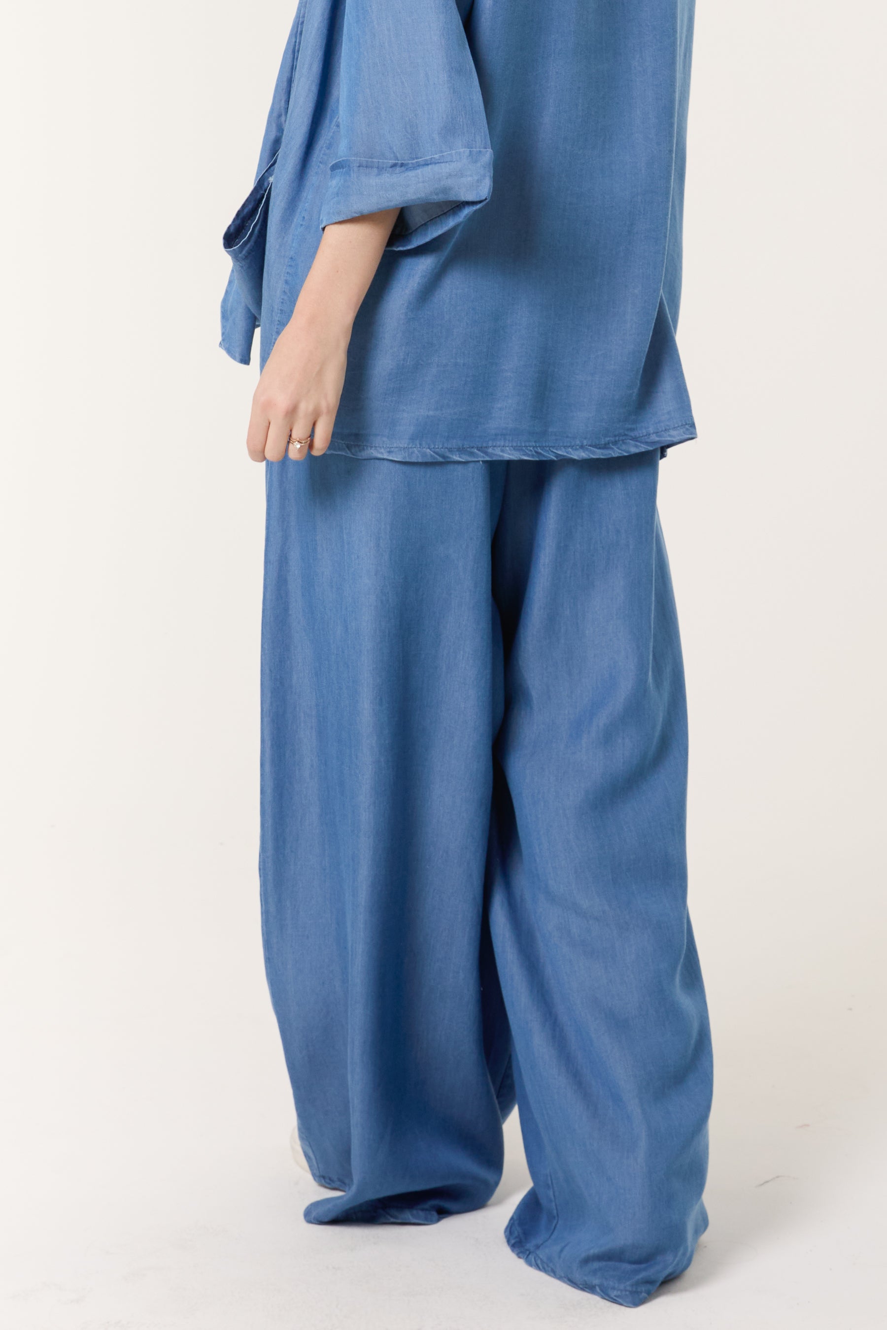 Denim Drawstring Wide Leg Trousers