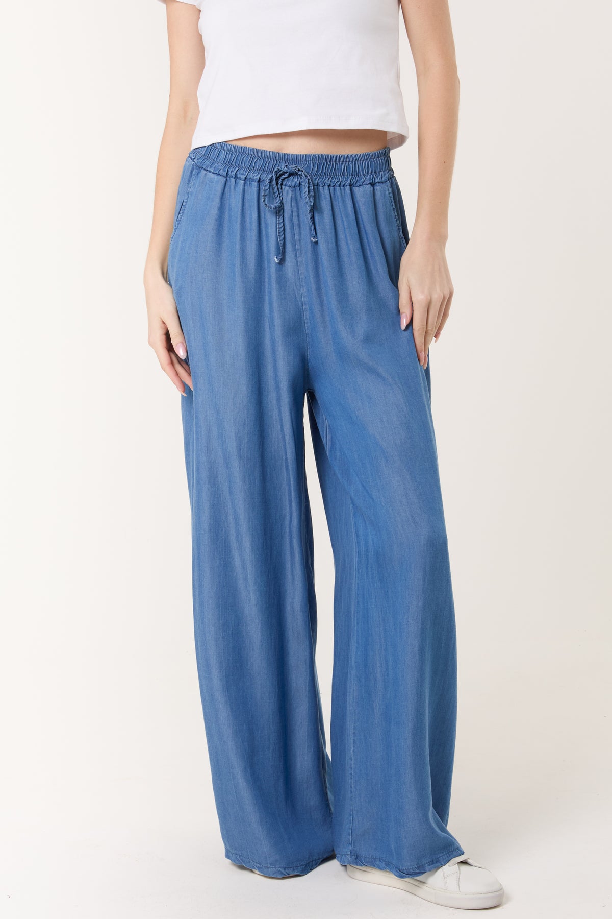 Denim Drawstring Wide Leg Trousers