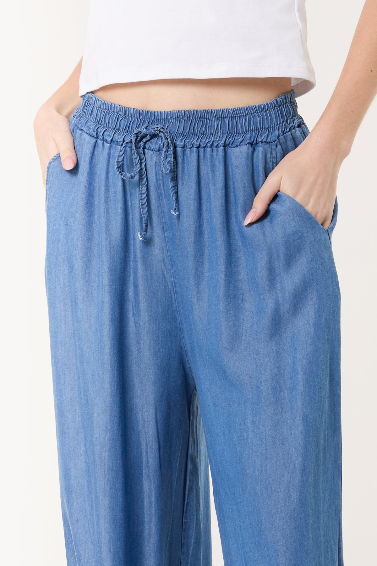 Denim Drawstring Wide Leg Trousers