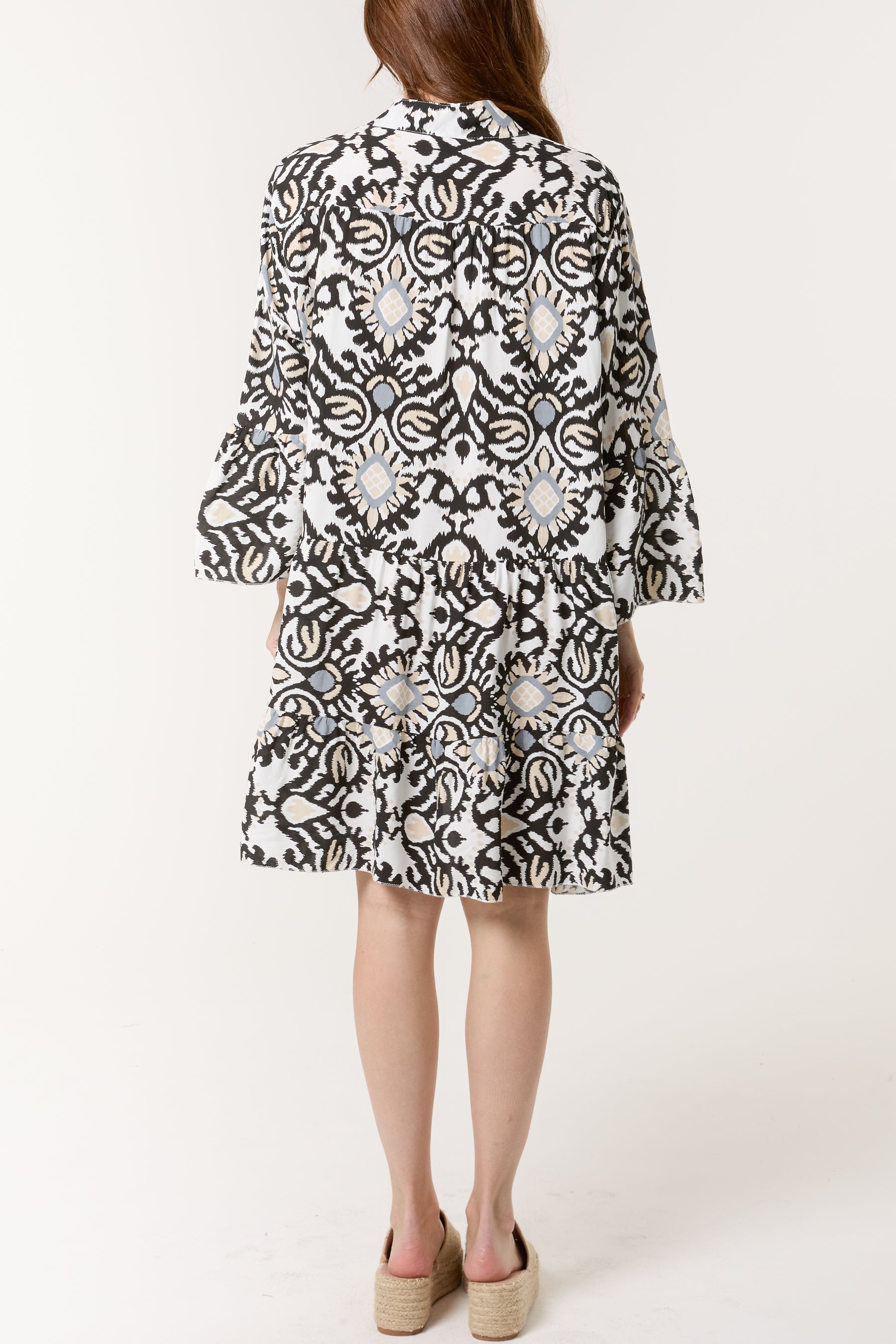 Ikat Print Grandad Collar Smock Dress