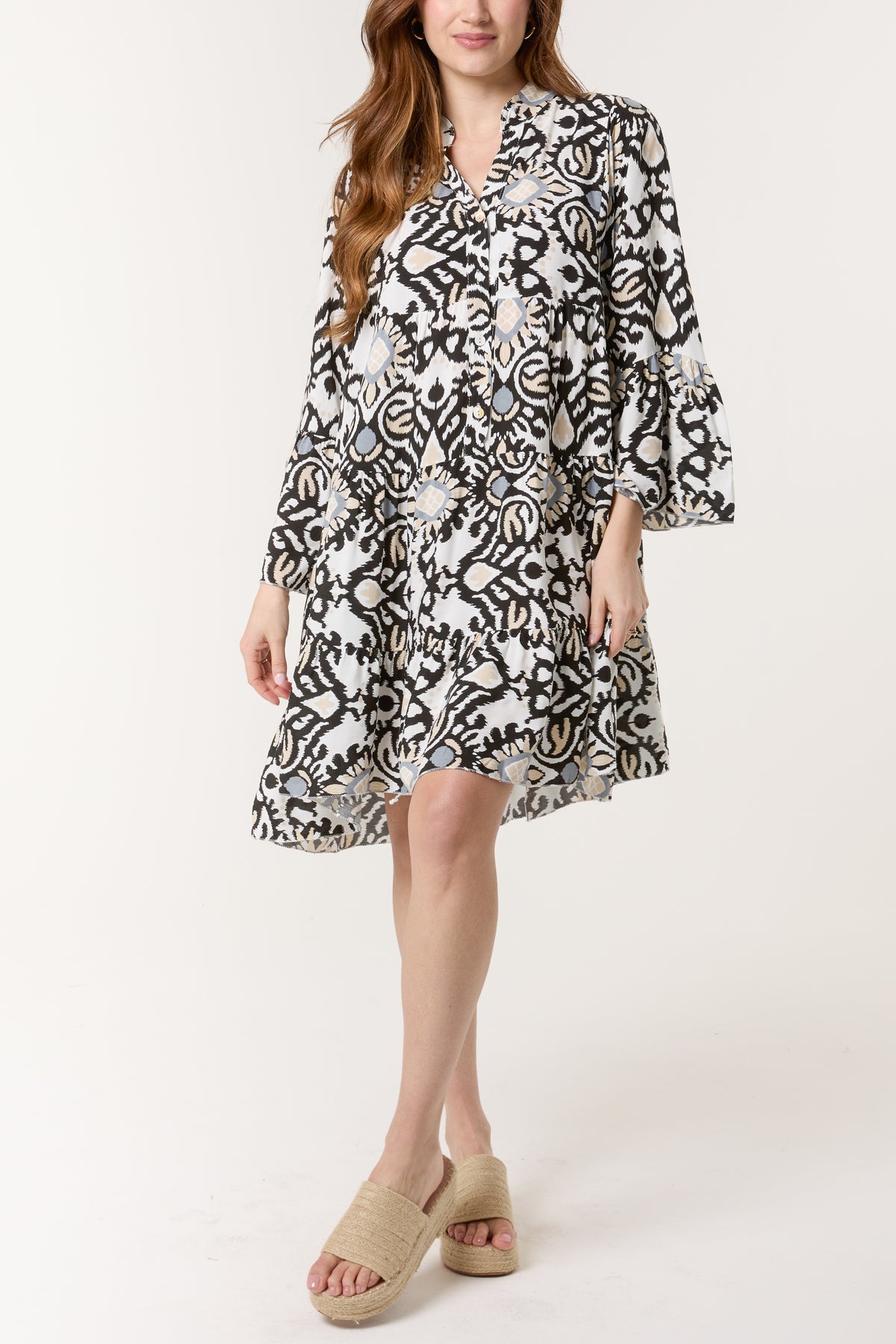 Ikat Print Grandad Collar Smock Dress