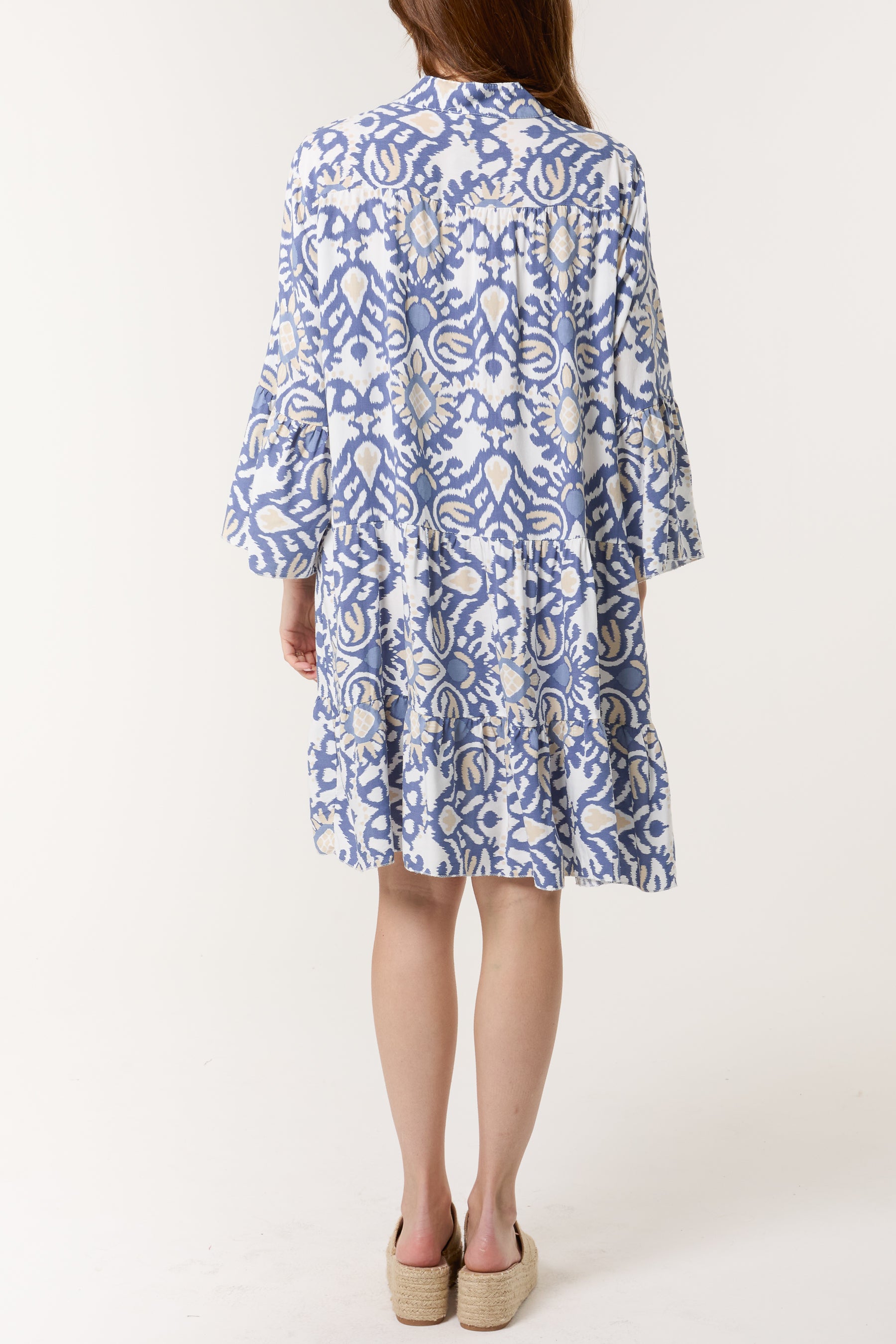 Ikat Print Grandad Collar Smock Dress