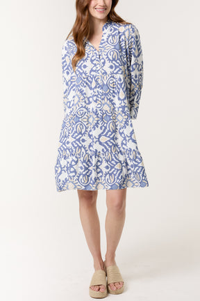 Ikat Print Grandad Collar Smock Dress