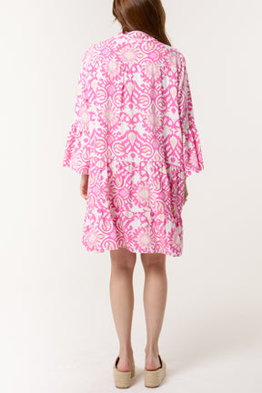 Ikat Print Grandad Collar Smock Dress