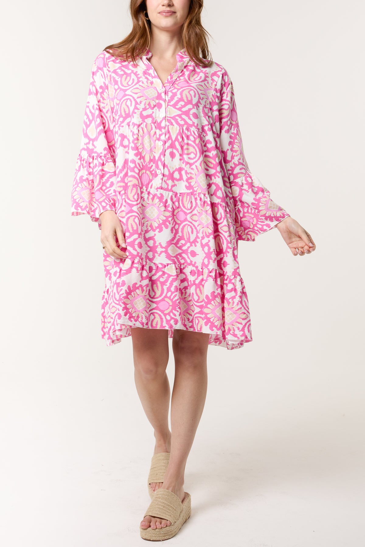 Ikat Print Grandad Collar Smock Dress