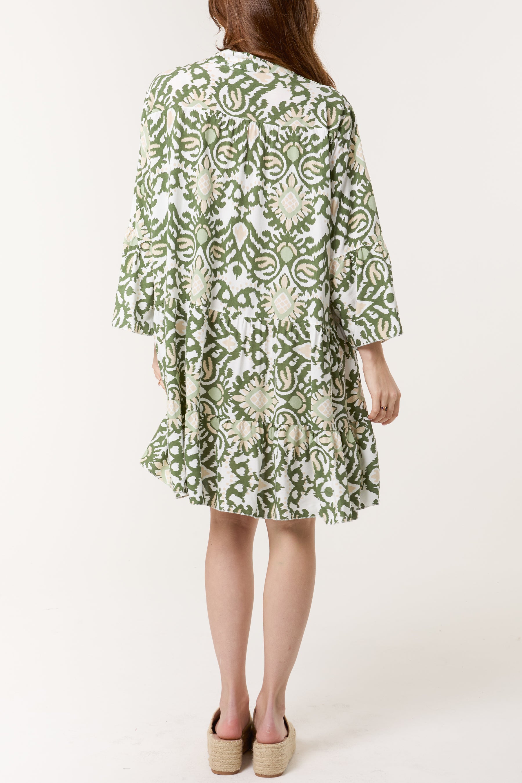 Ikat Print Grandad Collar Smock Dress